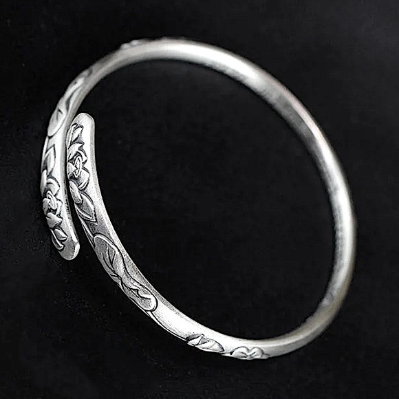 Sterling Silver Lotus Mantra Bangle Bracelet - Picture 7 of 9
